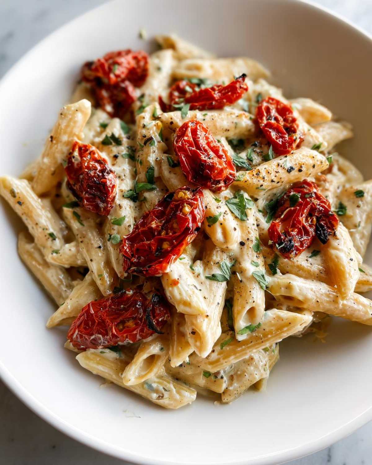 Close-up of One-Pot Creamy Goat Cheese Pasta with penne coated in sauce and topped with roasted tomatoes.