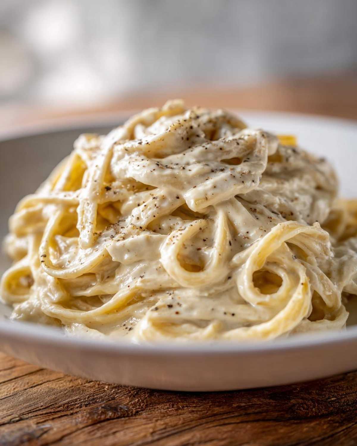 Close-up of fettuccine pasta coated in rich Vegan Creamy Cashew Alfredo Sauce and sprinkled with black pepper.