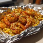 Close-up of cooked shrimp and corn in a foil packet, seasoned with Cajun spices.