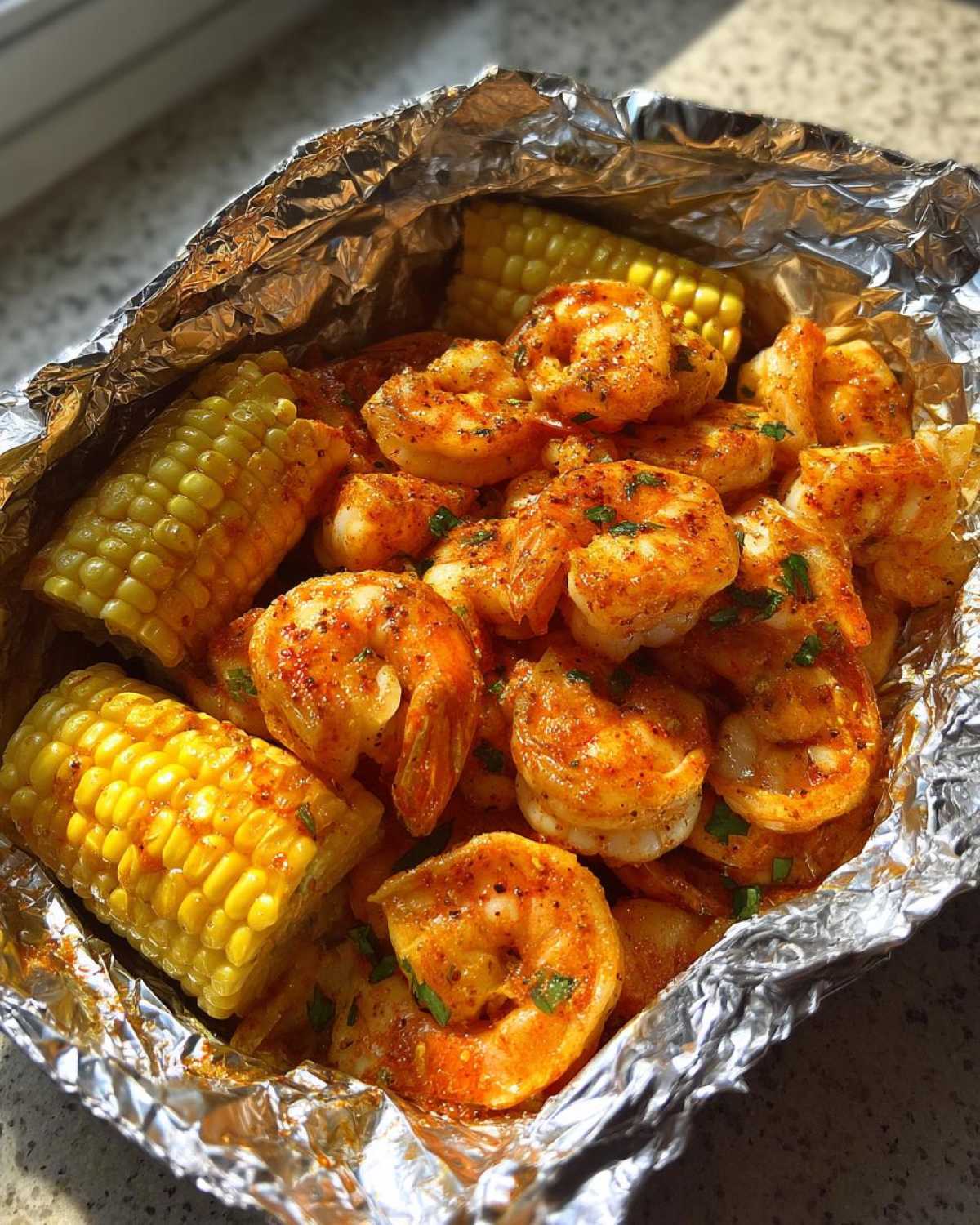 Close-up of seasoned Sheet Pan Cajun Shrimp and Corn served inside an opened aluminum foil packet.