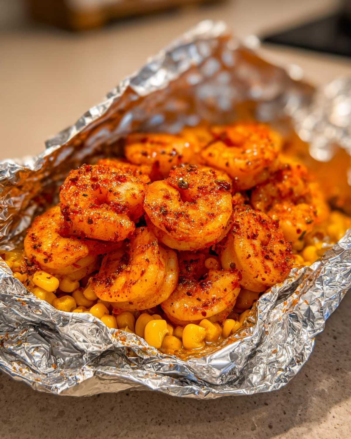 Close-up of seasoned shrimp piled over corn kernels inside an opened Sheet Pan Cajun Shrimp and Corn Foil Packets.