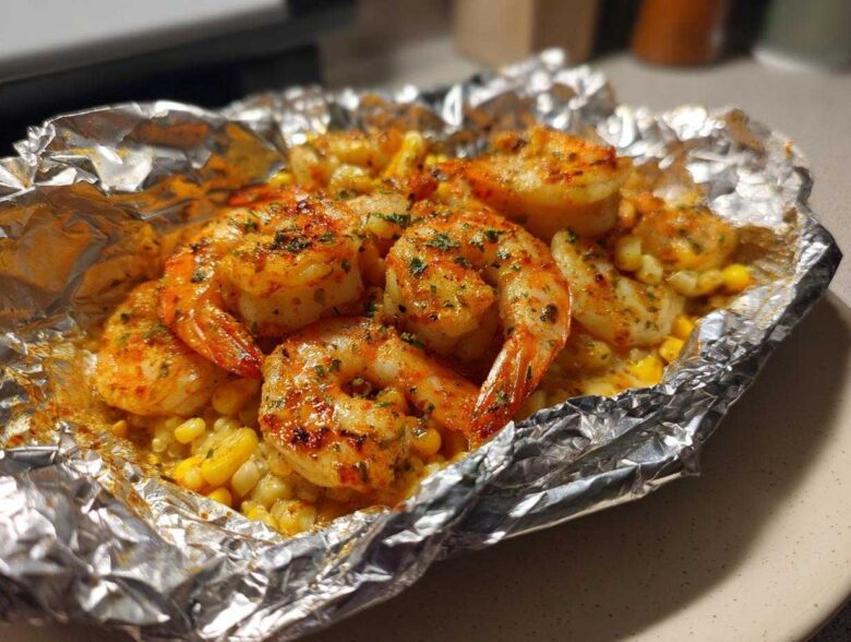 Close-up of cooked shrimp and corn in a foil packet, seasoned with Cajun spices.