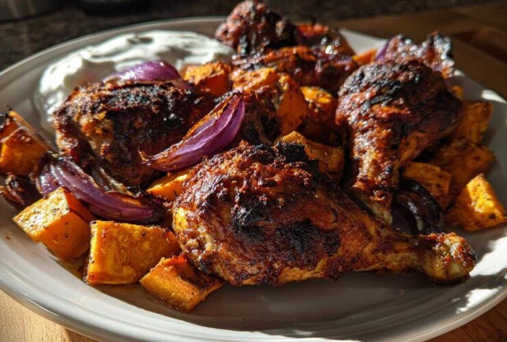 Plated Sheet Pan Harissa Chicken with Sweet Potatoes, red onion wedges, and a side of yogurt sauce.