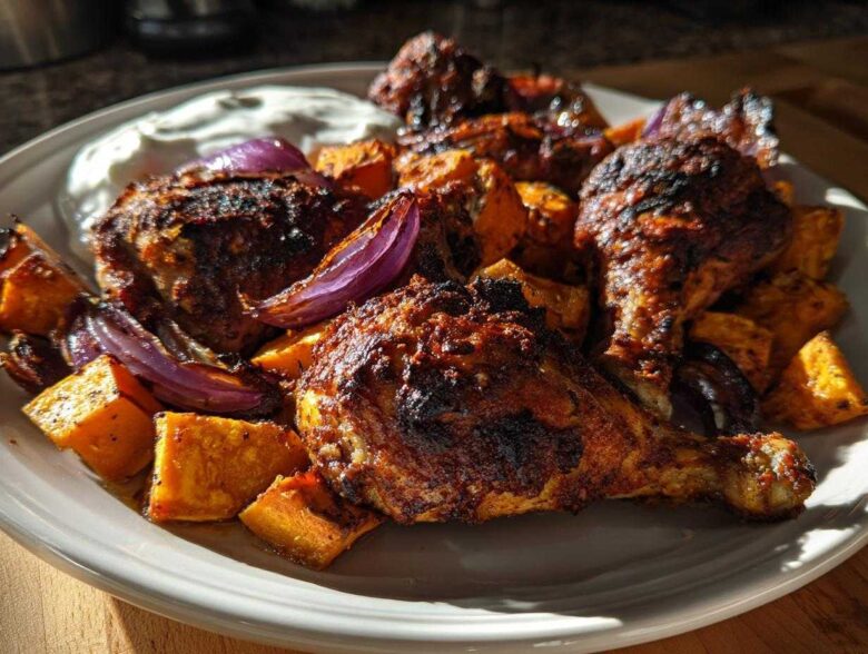 Plated Sheet Pan Harissa Chicken with Sweet Potatoes, red onion wedges, and a side of yogurt sauce.