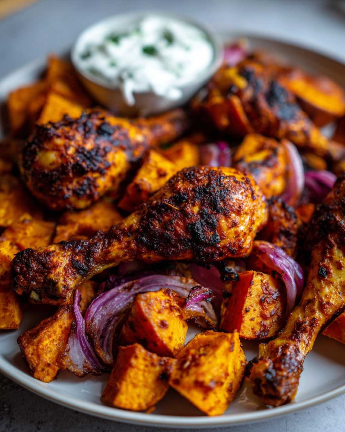 Close-up of crispy, charred Sheet Pan Harissa Chicken with roasted sweet potatoes and red onion wedges.