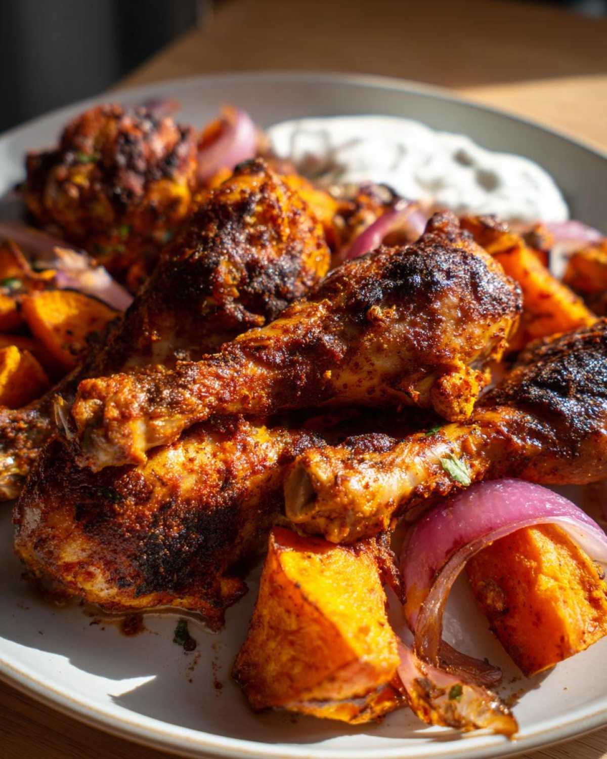 Close-up of crispy Sheet Pan Harissa Chicken with Sweet Potatoes and red onion wedges, served with a side of white sauce.