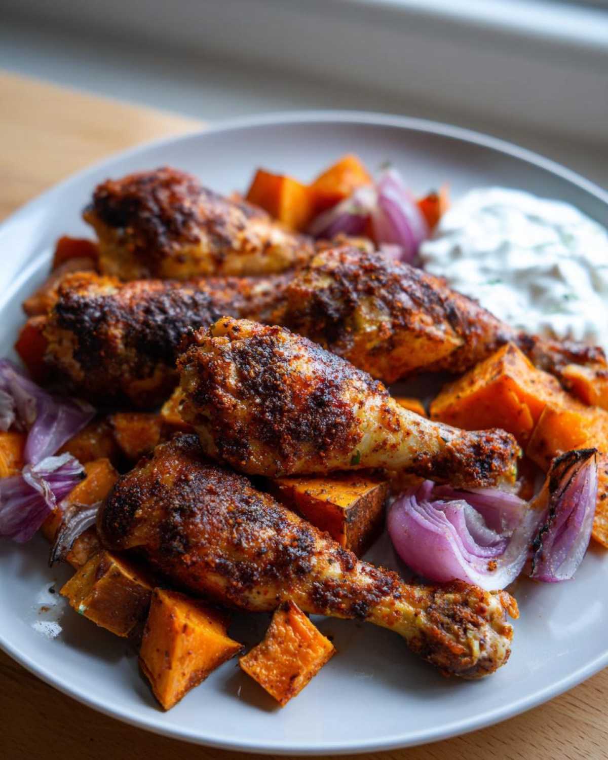 Four spiced Sheet Pan Harissa Chicken drumsticks served with roasted sweet potatoes and red onion wedges.