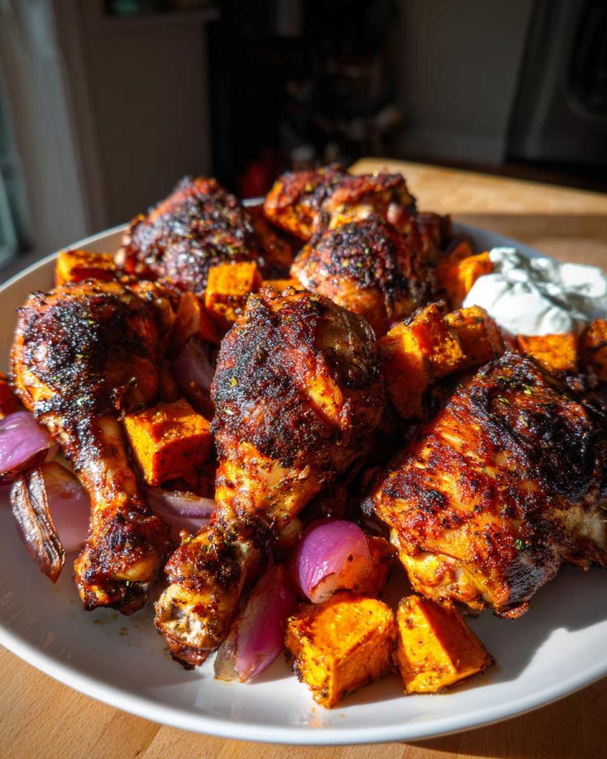Platter of roasted Sheet Pan Harissa Chicken with Sweet Potatoes, red onions, and a side of yogurt sauce.