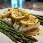 A perfectly cooked fillet of Sheet Pan Lemon Herb Cod with Asparagus, topped with lemon slices and herbs.