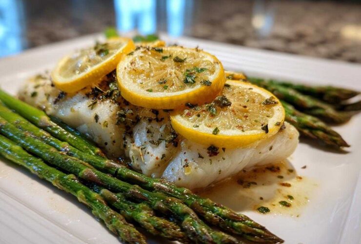 A perfectly cooked fillet of Sheet Pan Lemon Herb Cod with Asparagus, topped with lemon slices and herbs.