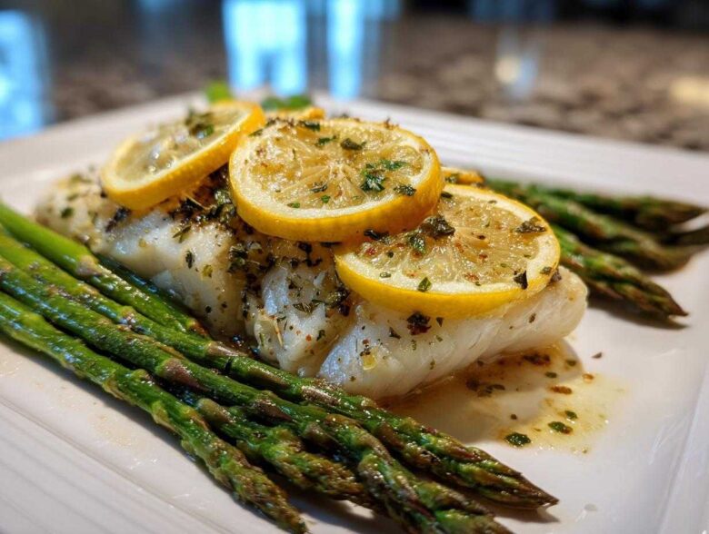 A perfectly cooked fillet of Sheet Pan Lemon Herb Cod with Asparagus, topped with lemon slices and herbs.