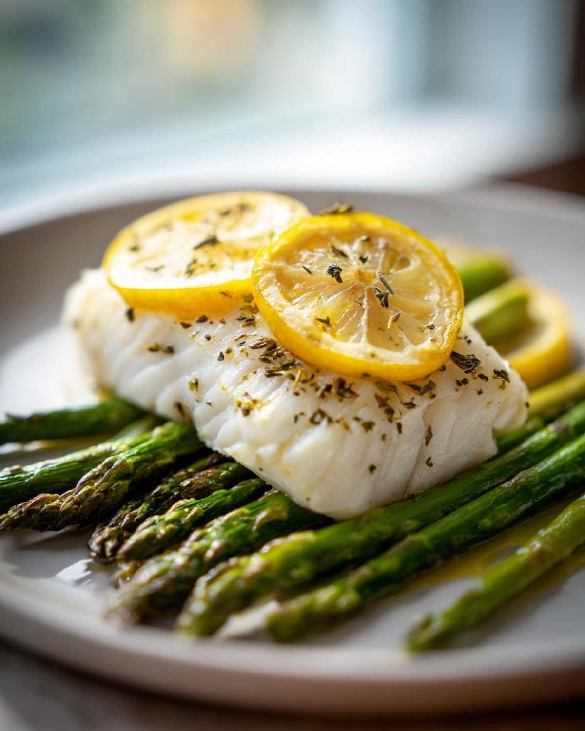 Close-up of a perfectly cooked piece of Sheet Pan Lemon Herb Cod resting on bright green roasted asparagus.