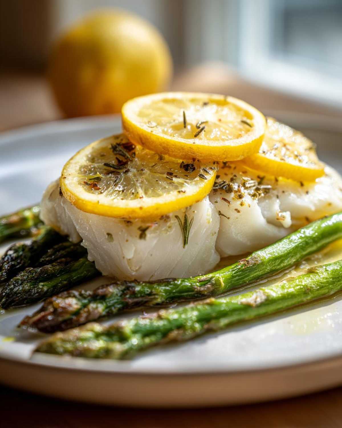 Close-up of a cooked fillet of Sheet Pan Lemon Herb Cod with Asparagus topped with lemon slices and herbs.