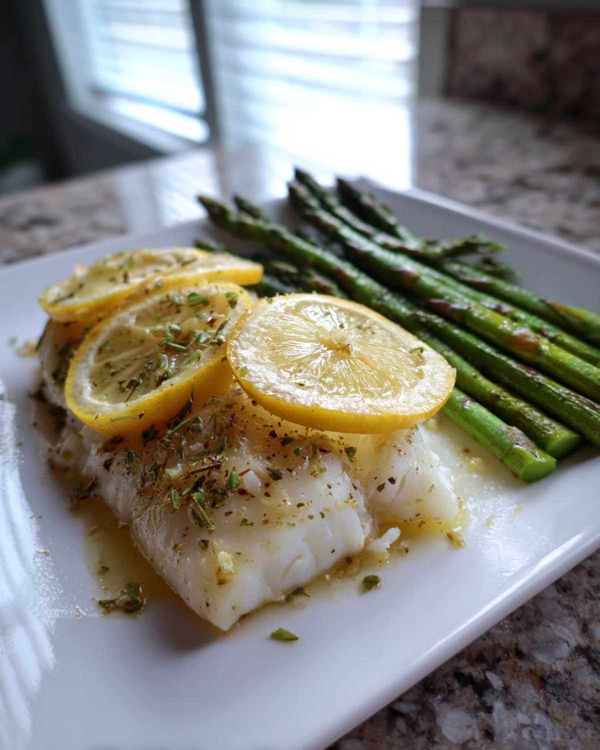 Flaky white cod topped with lemon slices and herbs, served next to roasted asparagus, part of Sheet Pan Lemon Herb Cod.