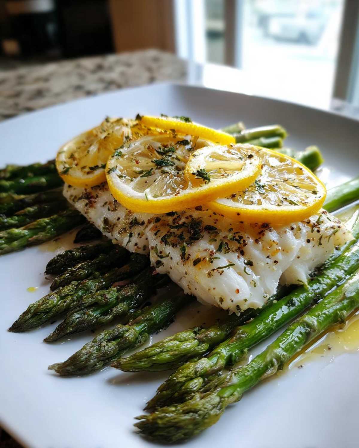 A perfectly cooked fillet of Sheet Pan Lemon Herb Cod with Asparagus, topped with lemon slices.