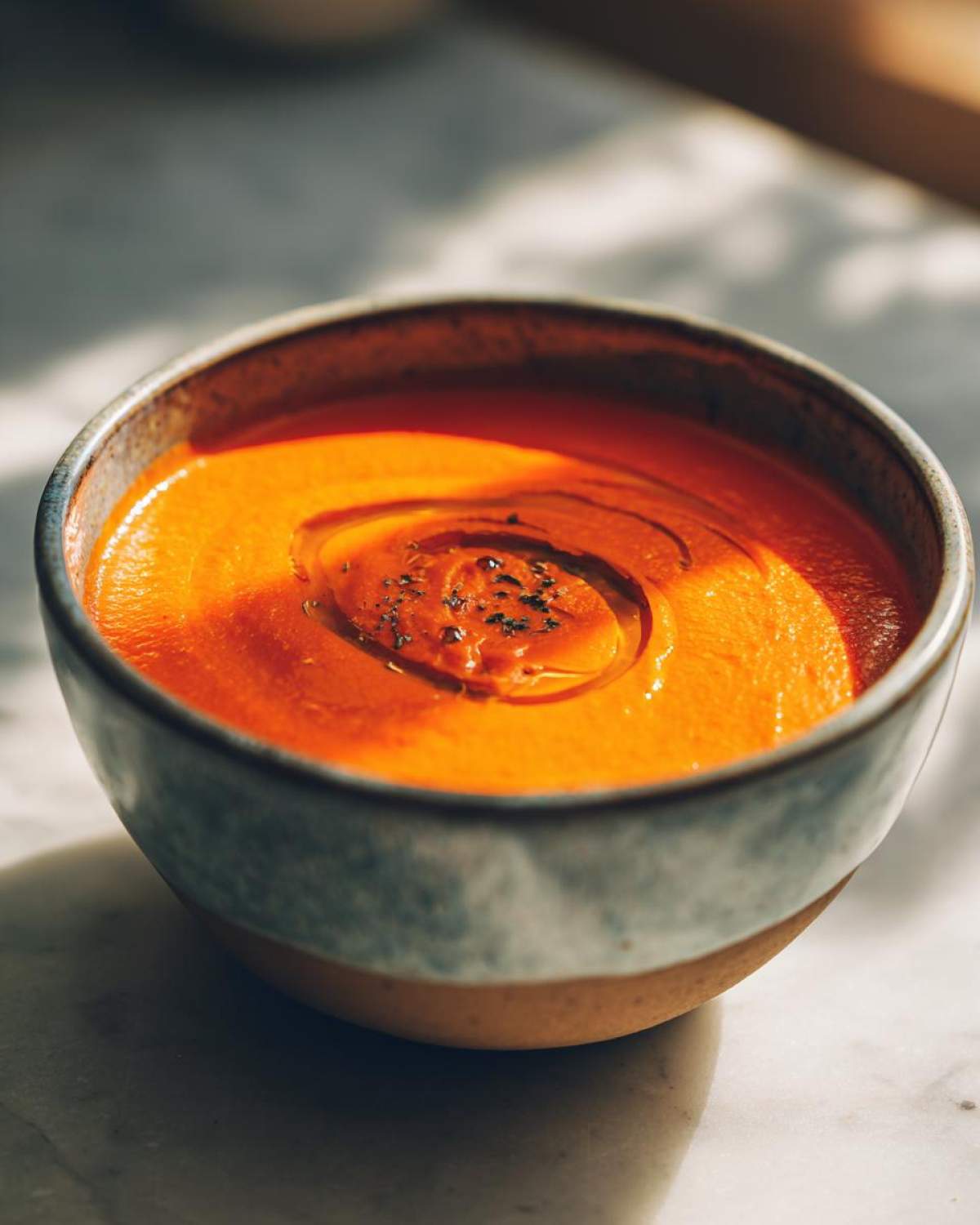 A close-up of vibrant orange Vegan Creamy Tomato Coconut Soup garnished with olive oil and pepper.