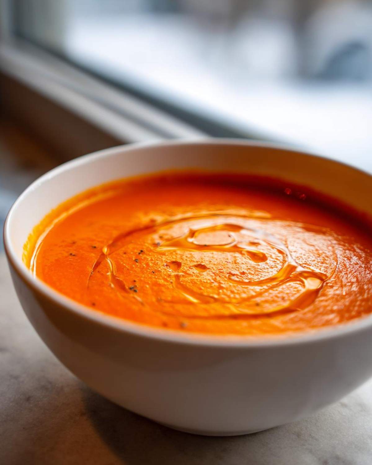 Close-up of a white bowl filled with vibrant orange Vegan Creamy Tomato Coconut Soup, drizzled with oil.