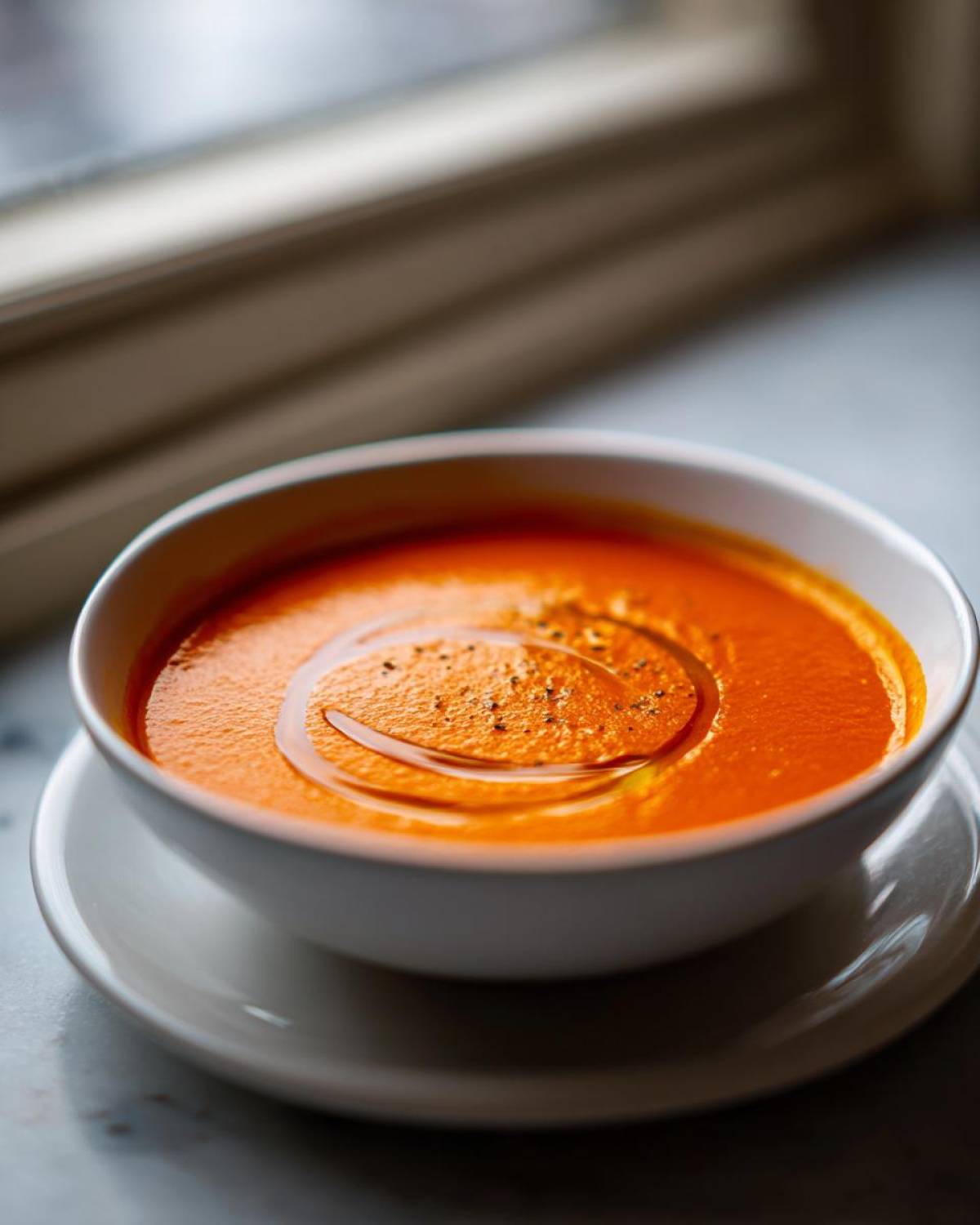 Close-up of a vibrant orange Vegan Creamy Tomato Coconut Soup garnished with a swirl of oil and pepper.