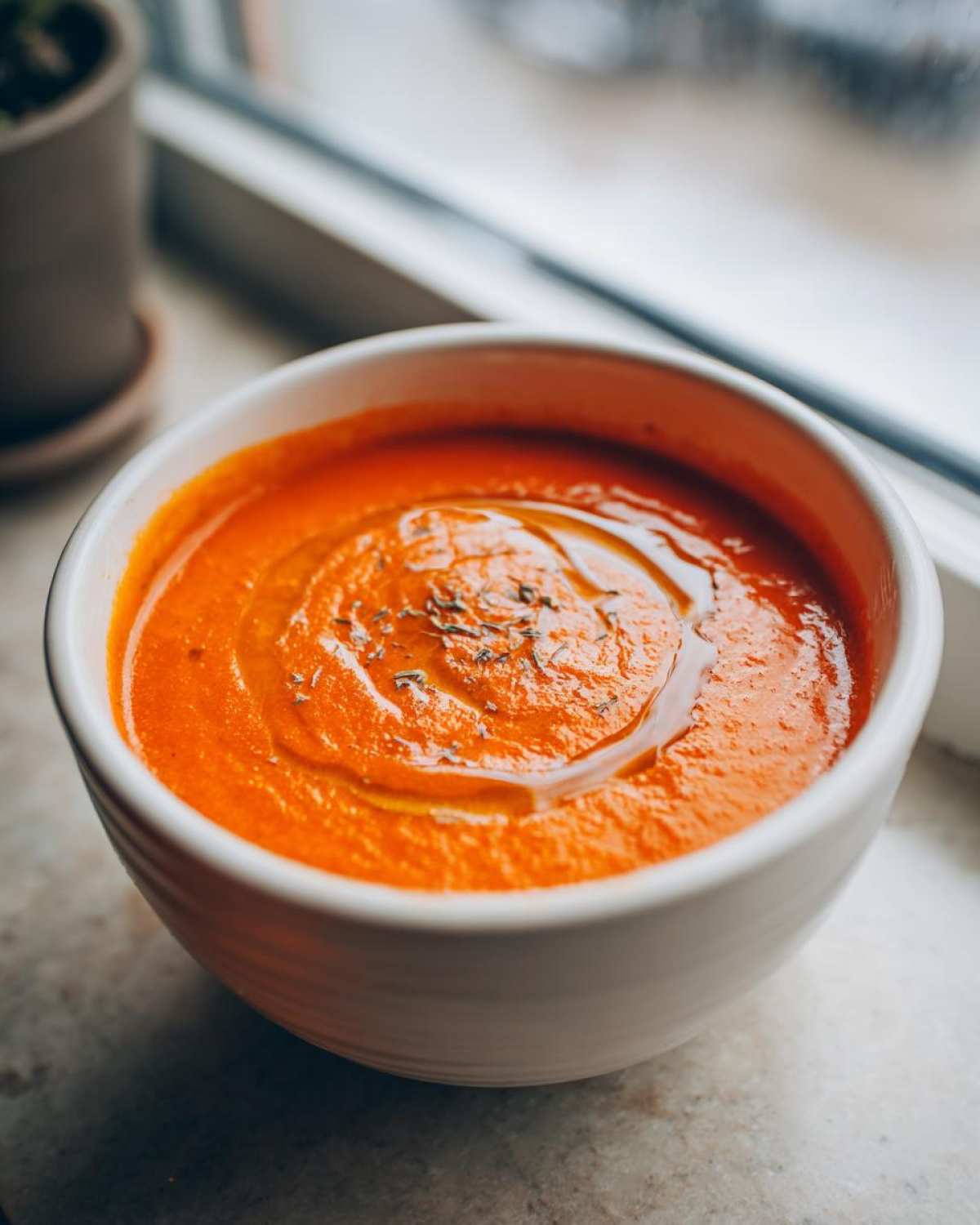 Close-up of a white bowl filled with vibrant Vegan Creamy Tomato Coconut Soup, drizzled with oil and herbs.