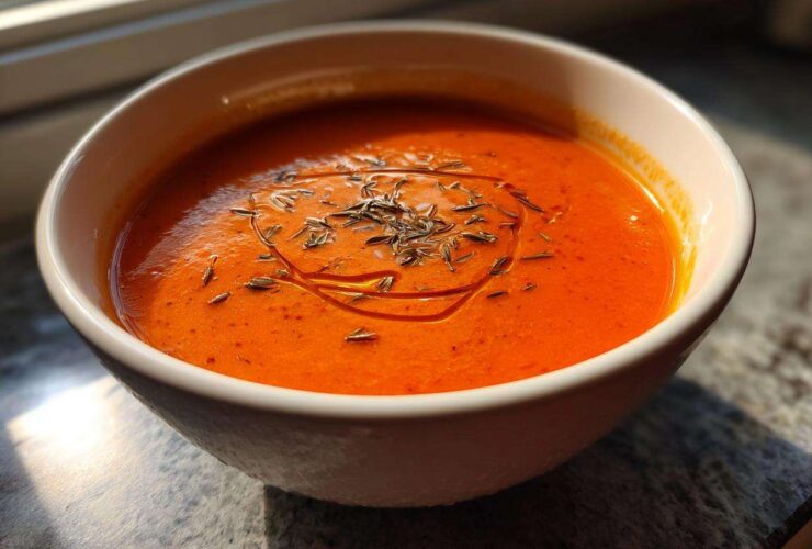A vibrant bowl of Vegan Creamy Tomato Coconut Soup garnished with oil and herbs.