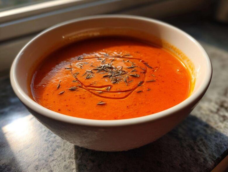 A vibrant bowl of Vegan Creamy Tomato Coconut Soup garnished with oil and herbs.