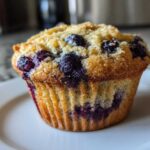 Close-up of a perfectly baked Vegan Lemon Blueberry Muffin with a golden top and visible blueberries.