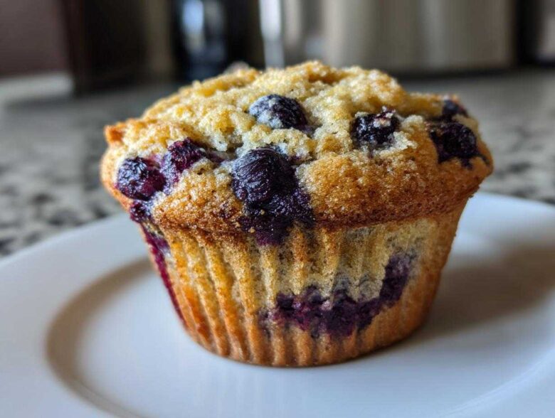 Close-up of a perfectly baked Vegan Lemon Blueberry Muffin with a golden top and visible blueberries.