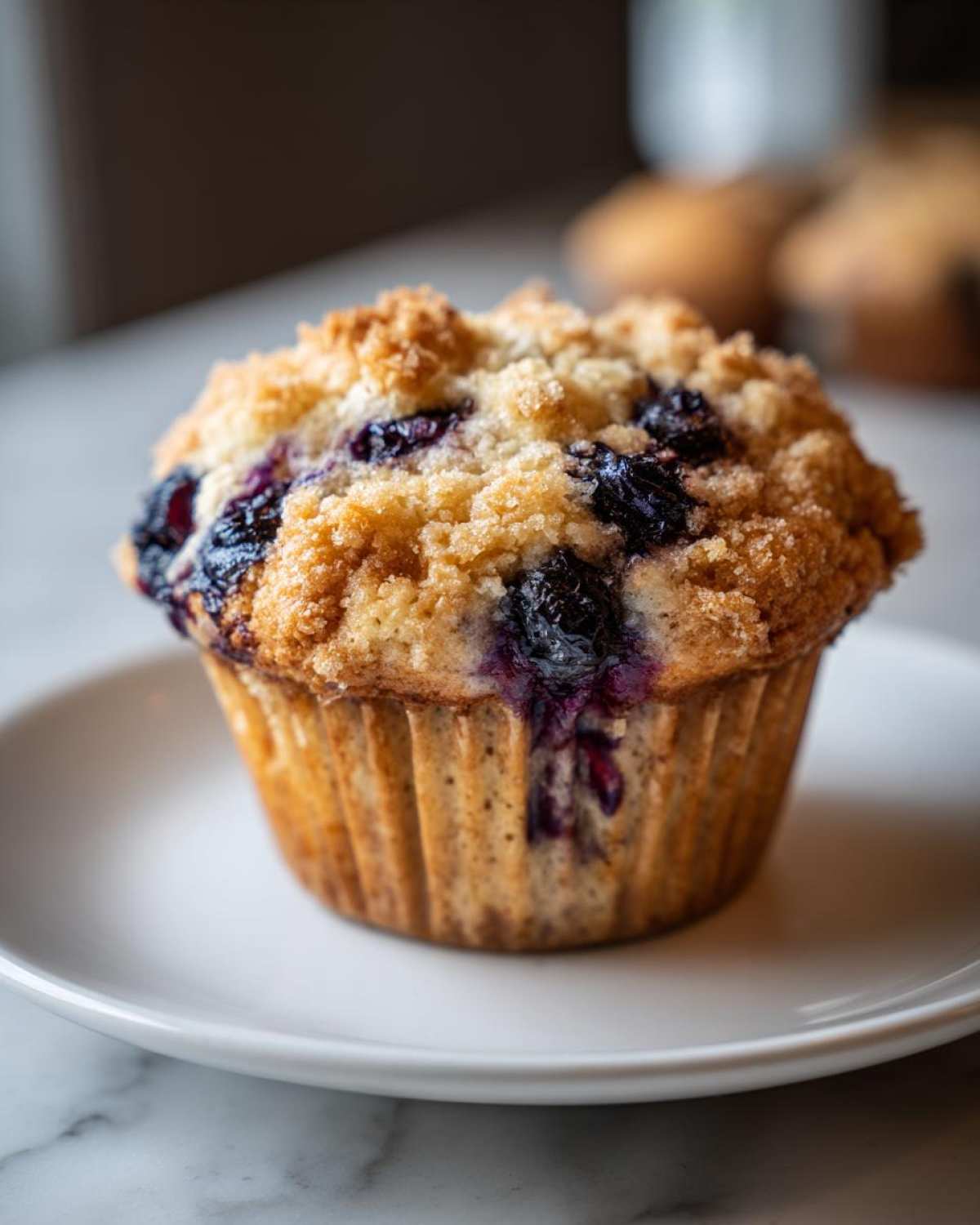 A single, perfectly baked Vegan Lemon Blueberry Muffin topped with golden streusel, resting on a white plate.