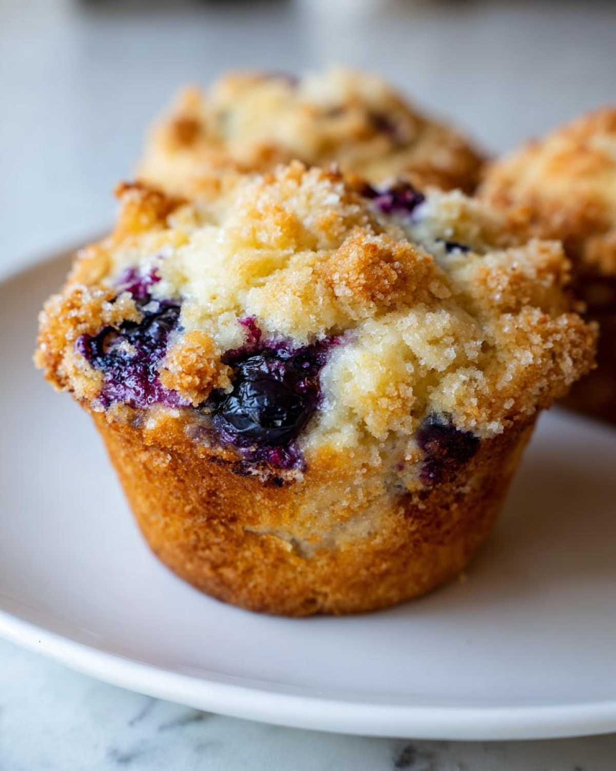 A close-up of a delicious Vegan Lemon Blueberry Muffin topped with crunchy streusel and sugar.