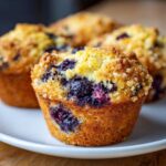 Close-up of a golden-brown Vegan Lemon Blueberry Muffin topped with streusel, featuring burst blueberries.