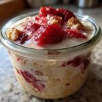 Close-up of Vegan Strawberry Cream Overnight Oats topped with fresh strawberries and creamy liquid in a small glass jar.