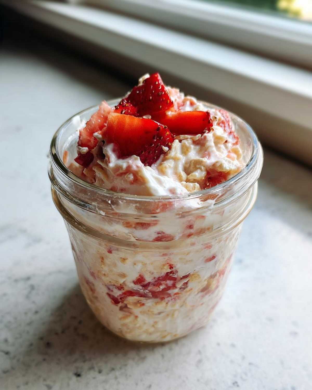 Close-up of Vegan Strawberry Cream Overnight Oats topped with fresh strawberry slices in a glass jar.
