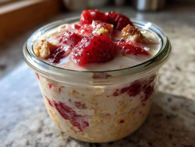 Close-up of Vegan Strawberry Cream Overnight Oats topped with fresh strawberries and creamy liquid in a small glass jar.