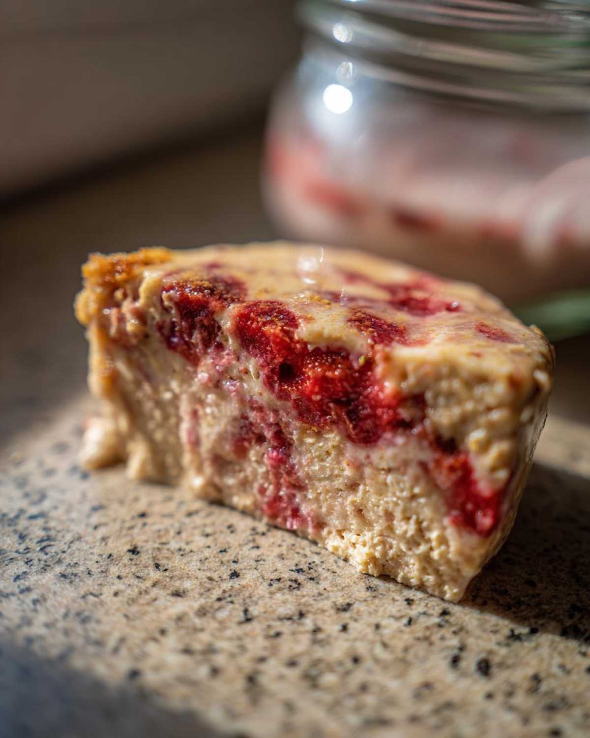 A dense, creamy slice of Vegan Strawberry Cream Overnight Oats with visible strawberry swirls.