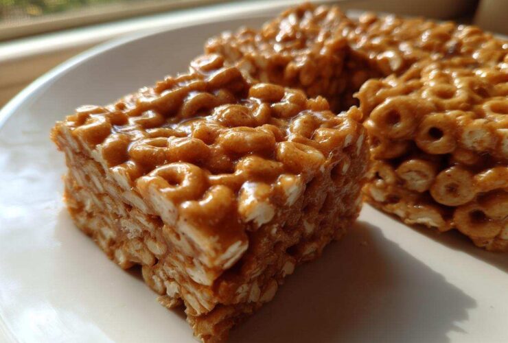 Close-up of three square portions of sticky, caramel-colored cheerio bars resting on a white plate.