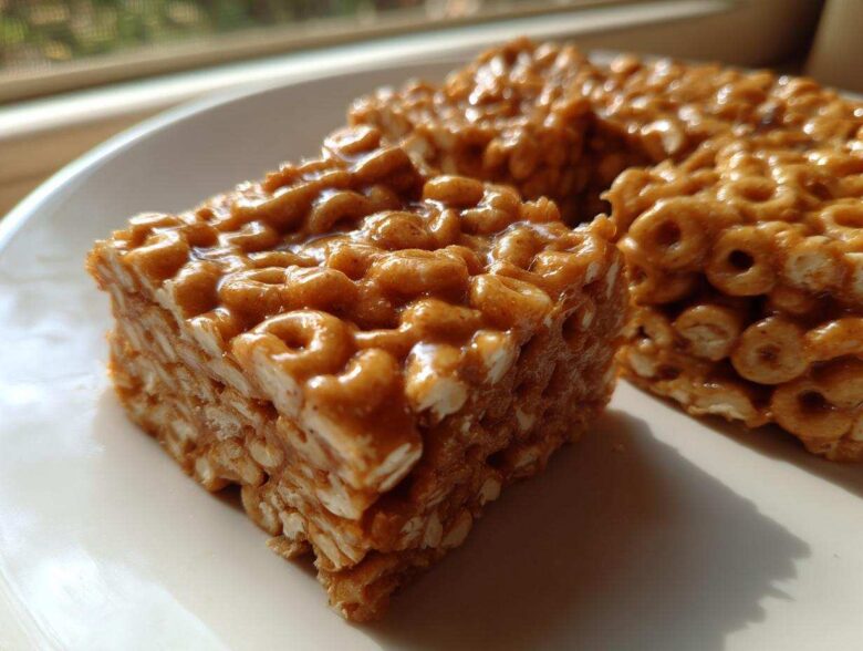 Close-up of three square portions of sticky, caramel-colored cheerio bars resting on a white plate.