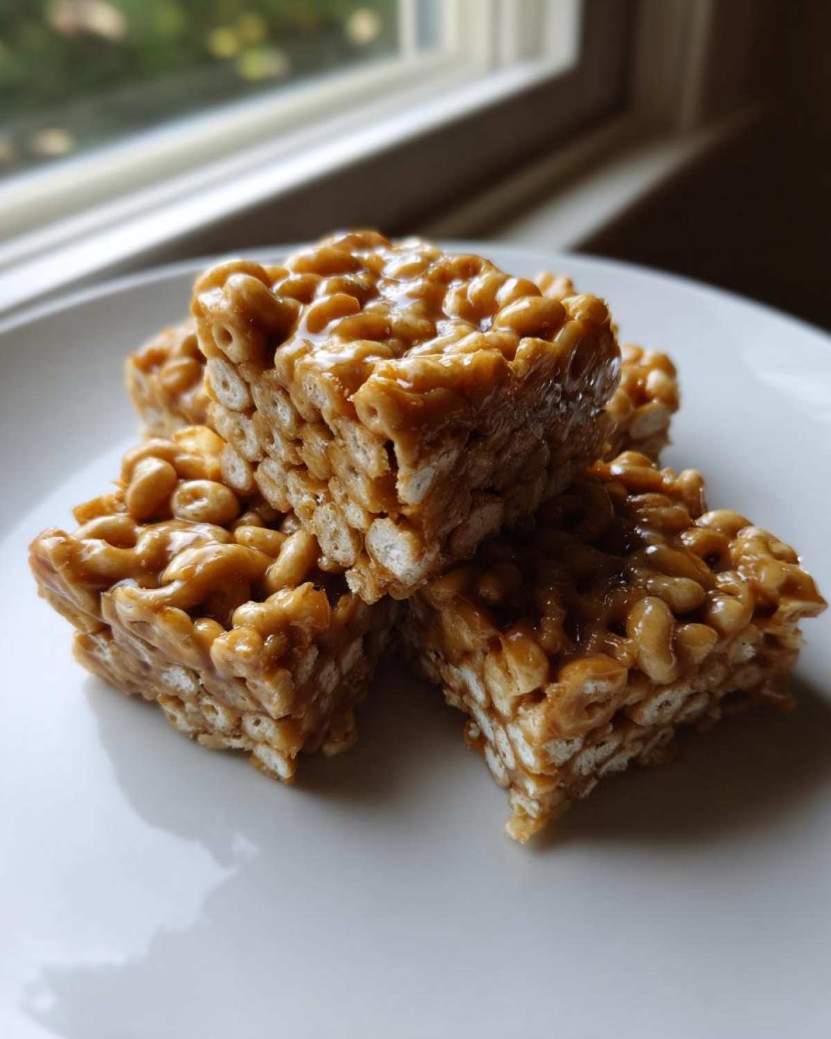 A stack of gooey, golden brown 3-ingredient cheerio bars resting on a white plate near a window.