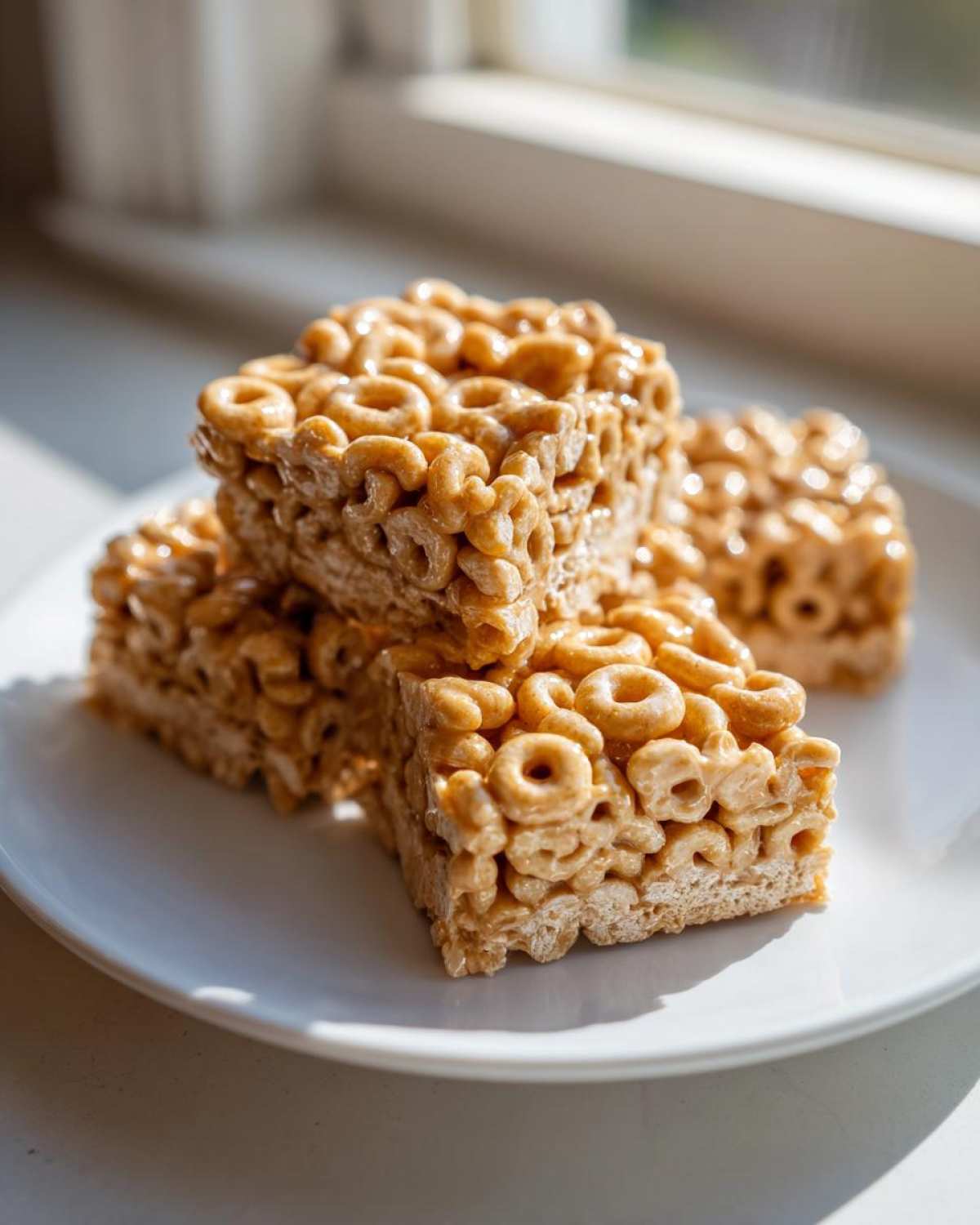 Four square, golden-brown cheerio bars made from cereal rings, stacked on a white plate in bright sunlight.