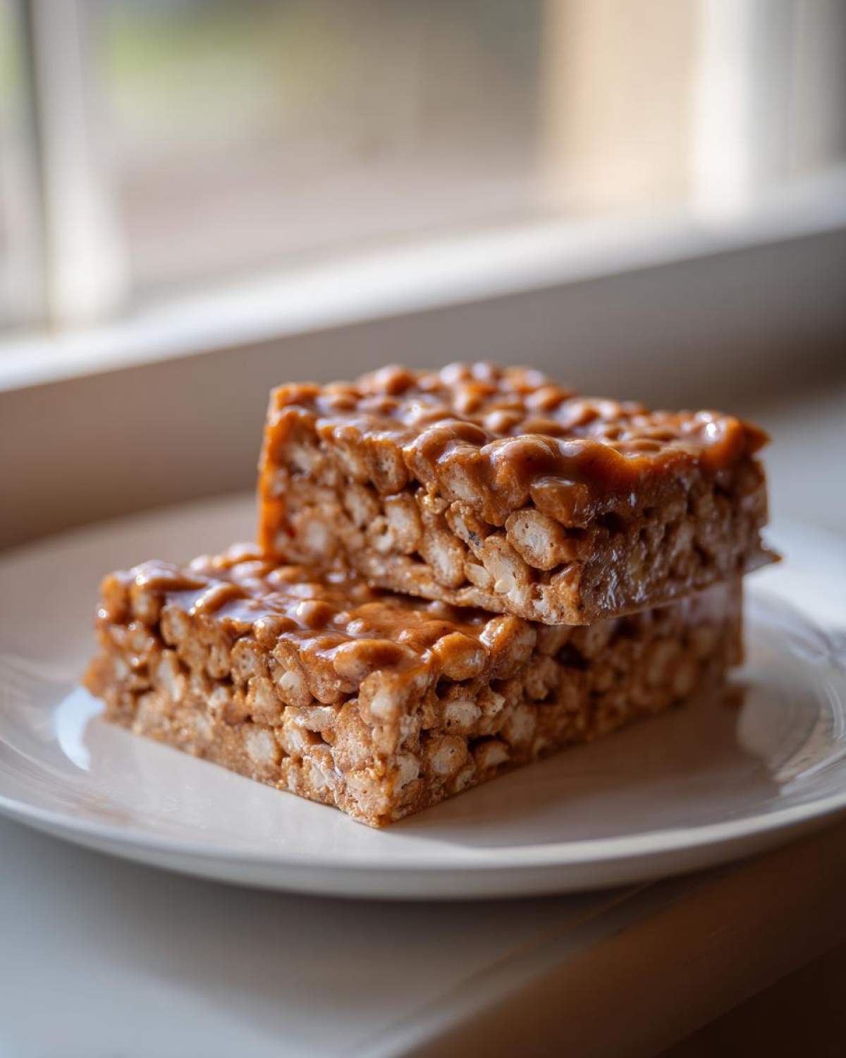 Two square, sticky cheerio bars stacked on a white plate, showing the texture of puffed cereal coated in caramel.