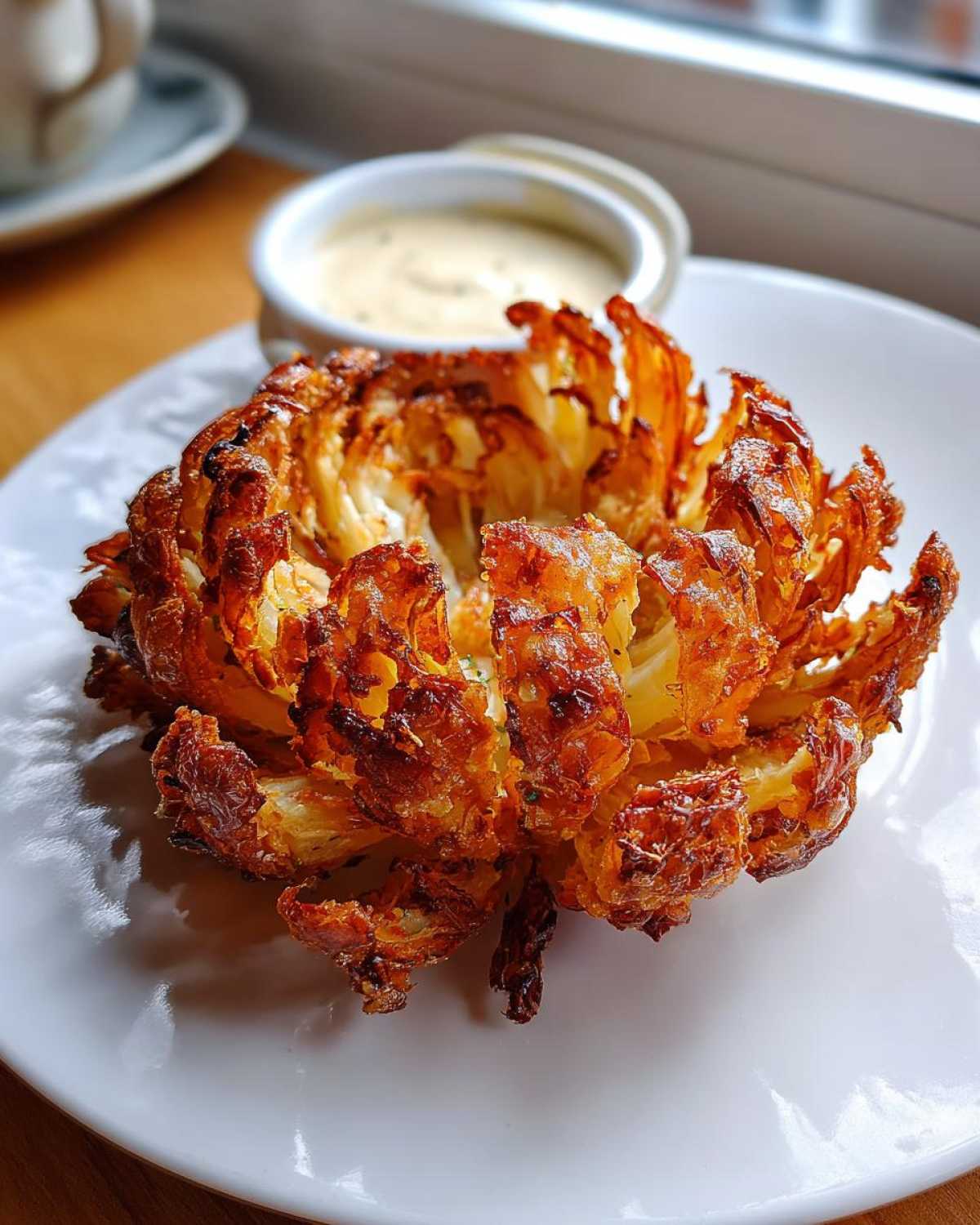 A perfectly cooked, golden-brown Air Fryer Blooming Onions served on a white plate with a side of creamy dipping sauce.