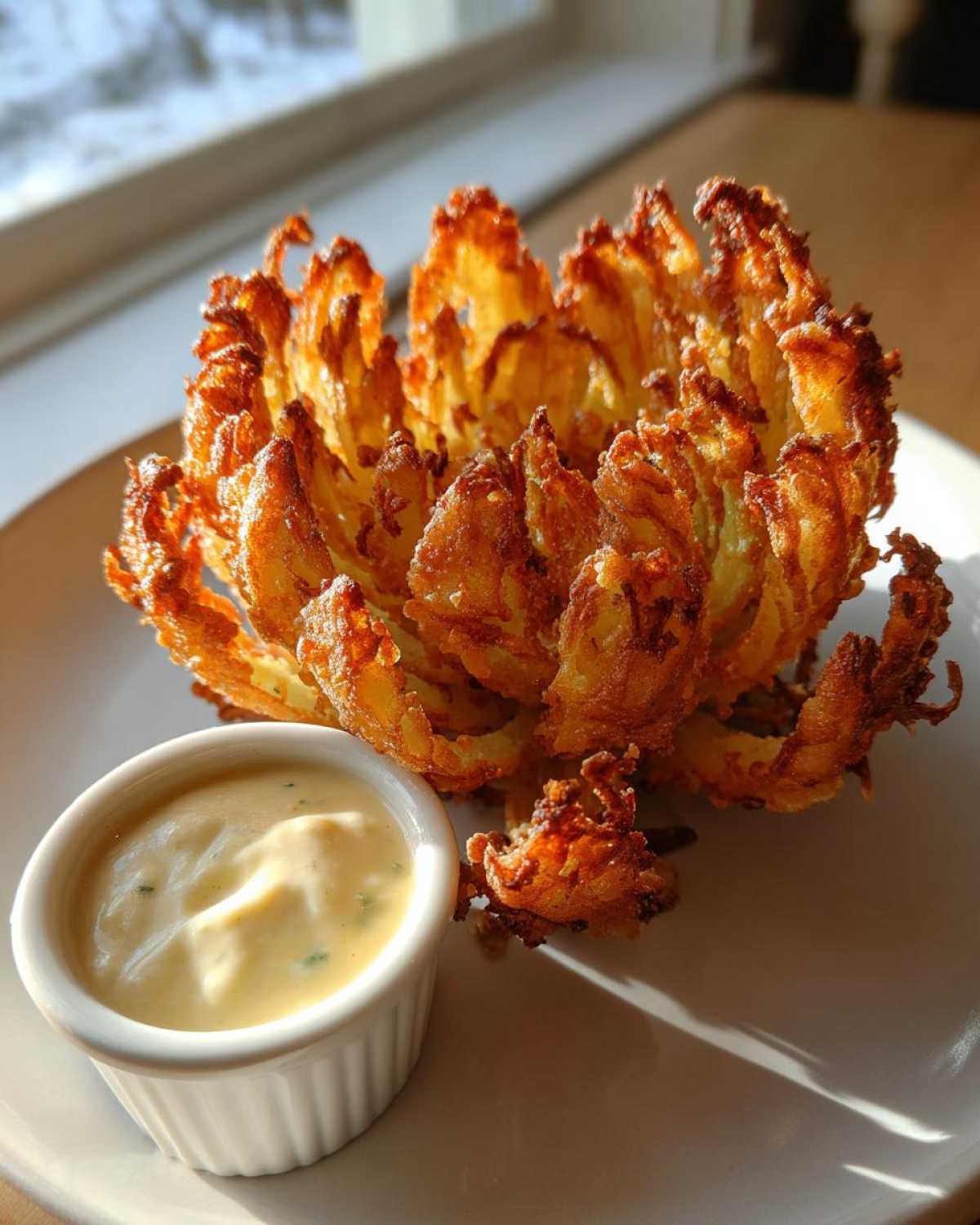 A perfectly cooked Air Fryer Blooming Onions appetizer, golden brown and crispy, served with a side of creamy dipping sauce.