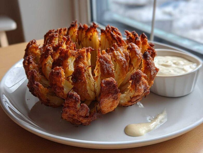 A perfectly cooked, crispy Air Fryer Blooming Onions served on a white plate next to a small bowl of creamy dipping sauce.