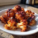 A close-up of golden brown, crispy Air Fryer Crispy BBQ Cauliflower Bites drizzled with a thick, dark BBQ sauce on a white plate.
