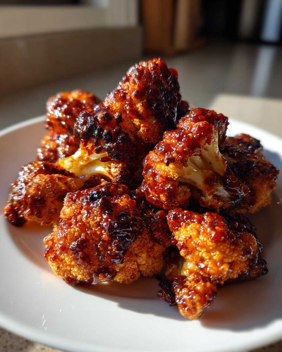 A pile of glossy, caramelized Air Fryer Crispy BBQ Cauliflower Bites served on a white plate, catching the sunlight.