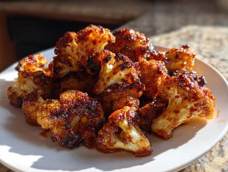 A close-up of glossy, caramelized Air Fryer Crispy BBQ Cauliflower Bites piled on a white plate.