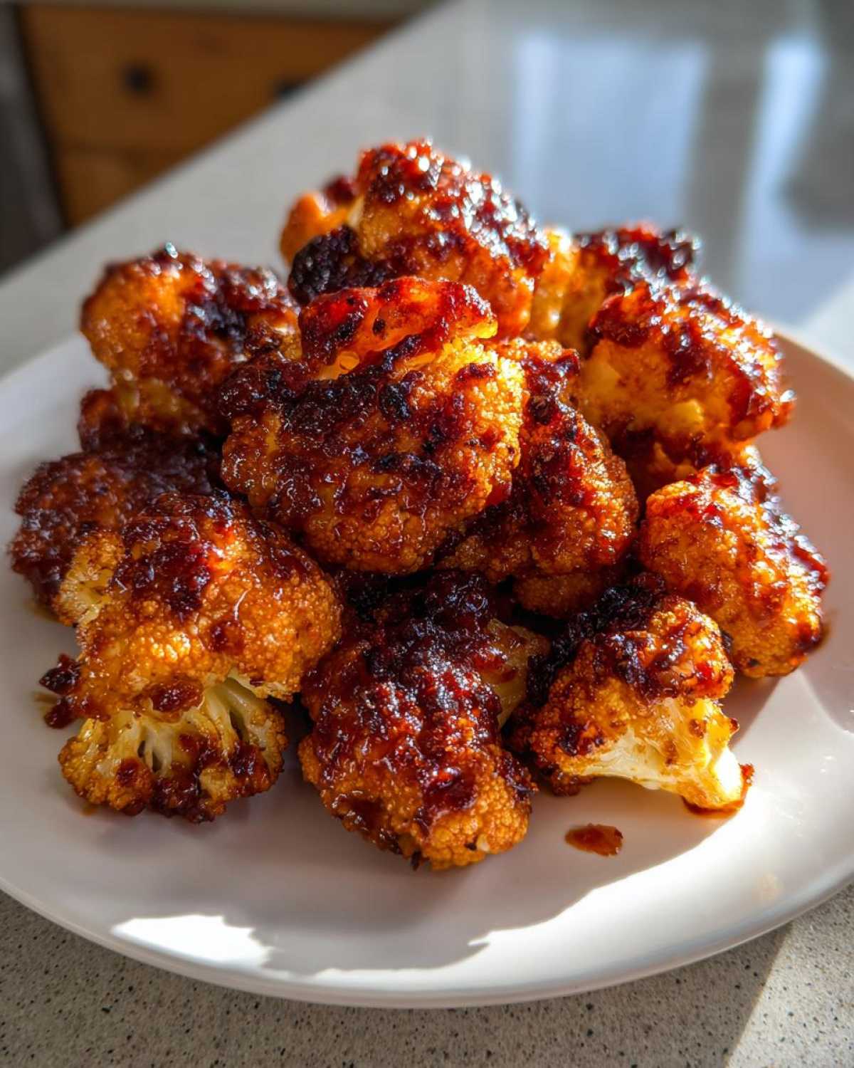 Close-up of golden brown Air Fryer Crispy BBQ Cauliflower Bites piled high on a white plate.