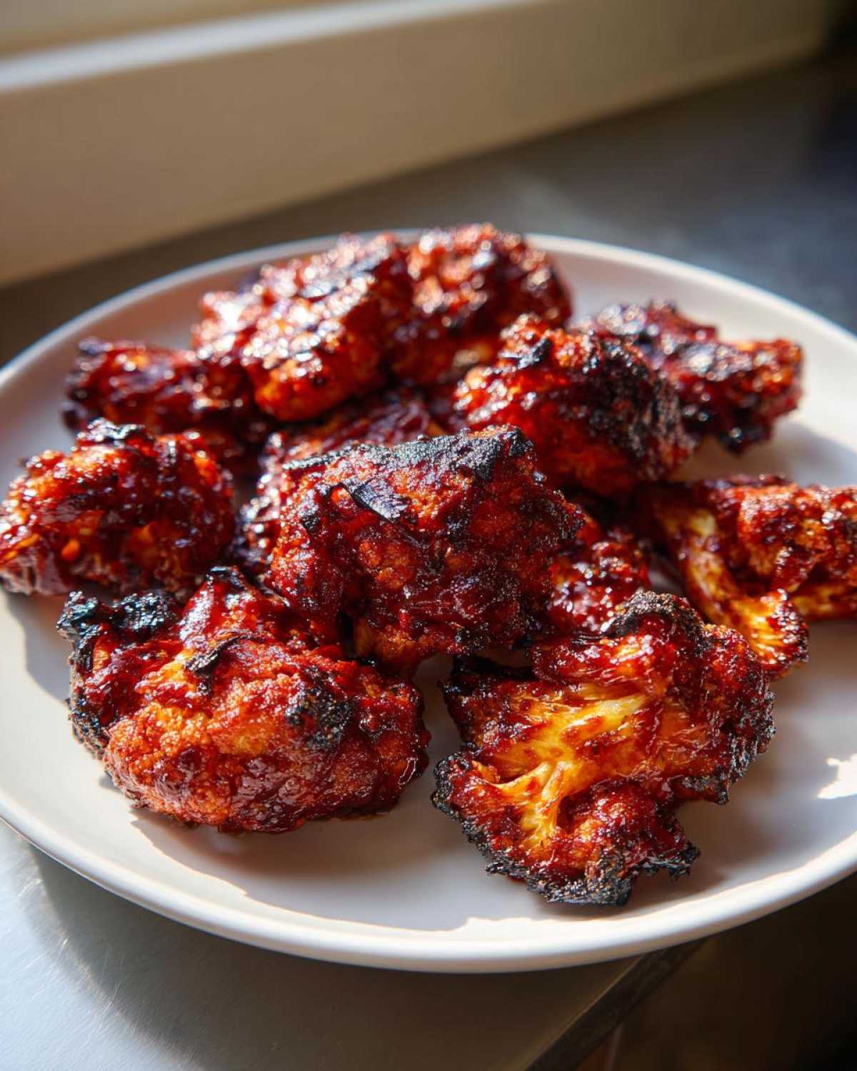 Close-up of several Air Fryer Crispy BBQ Cauliflower Bites coated in dark, caramelized BBQ sauce on a white plate.