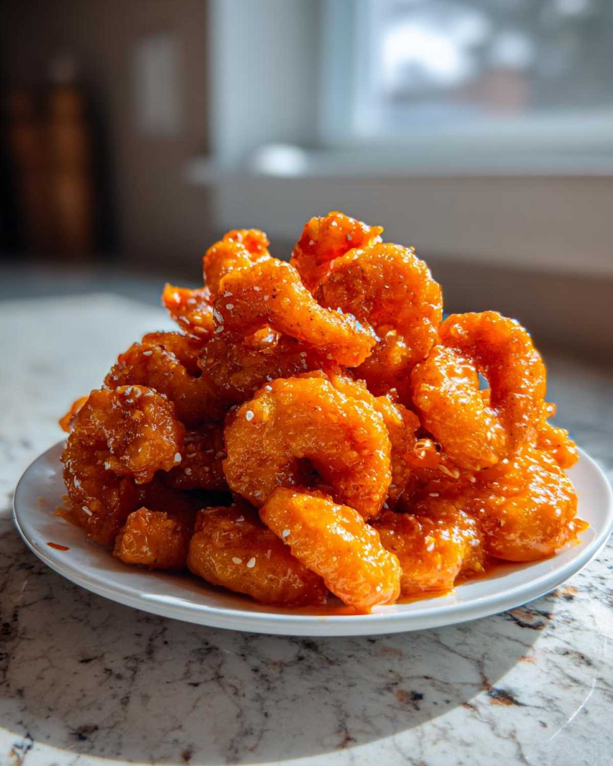 A mound of bright orange, glazed Air Fryer Crispy Buffalo Shrimp sprinkled with white sesame seeds on a white plate.