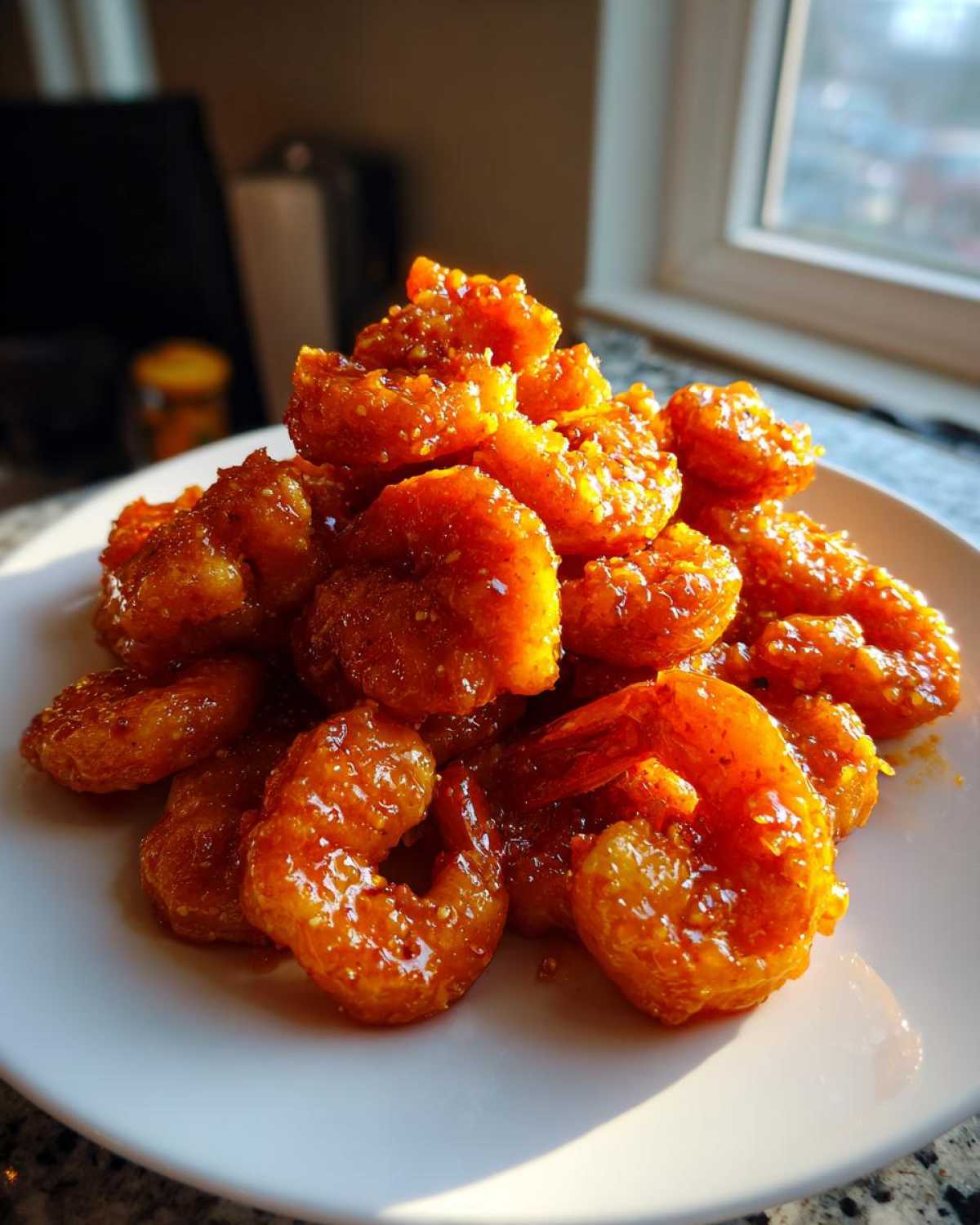 A close-up of a mound of glossy, orange Air Fryer Crispy Buffalo Shrimp piled high on a white plate.