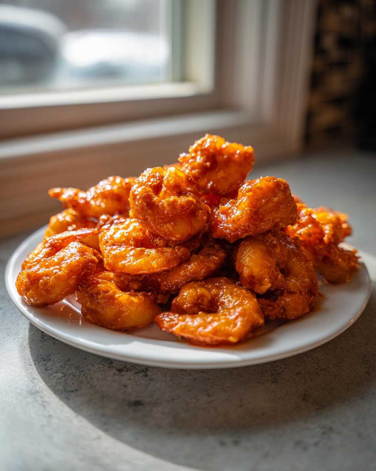 A mound of glistening, saucy Air Fryer Crispy Buffalo Shrimp piled high on a white plate, illuminated by natural light.